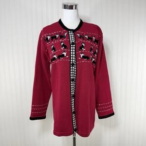 Vtg Storybook Knits Tuxedo Cats Cardigan Sweater Beaded Size M Red Embellished